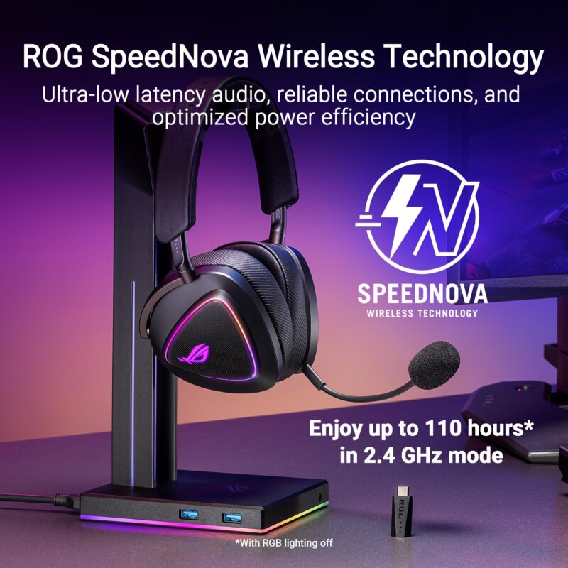 ASUS ROG Delta II Wireless Gaming Headset (BT, ROG SpeedNova 2.4GHz, 3.5mm, 50mm Titanium-Plated Drivers, 10mm Super-Wideband Mic, 110HR Battery, DualFlow Audio, for PC, Switch, PS5, Xbox)- Black